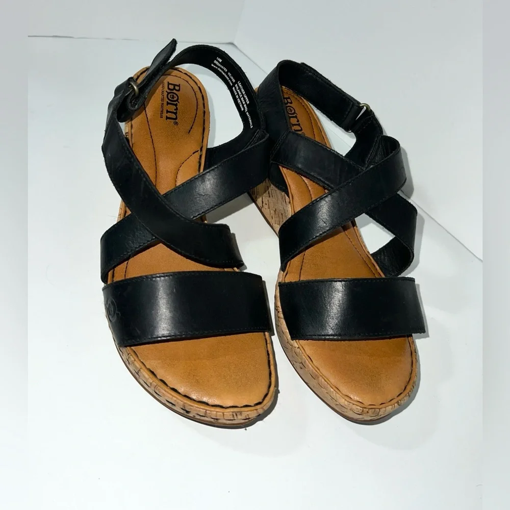 Born Women's‎ Leather Straps Cork Platform Sandal Wedge Black, Size 10